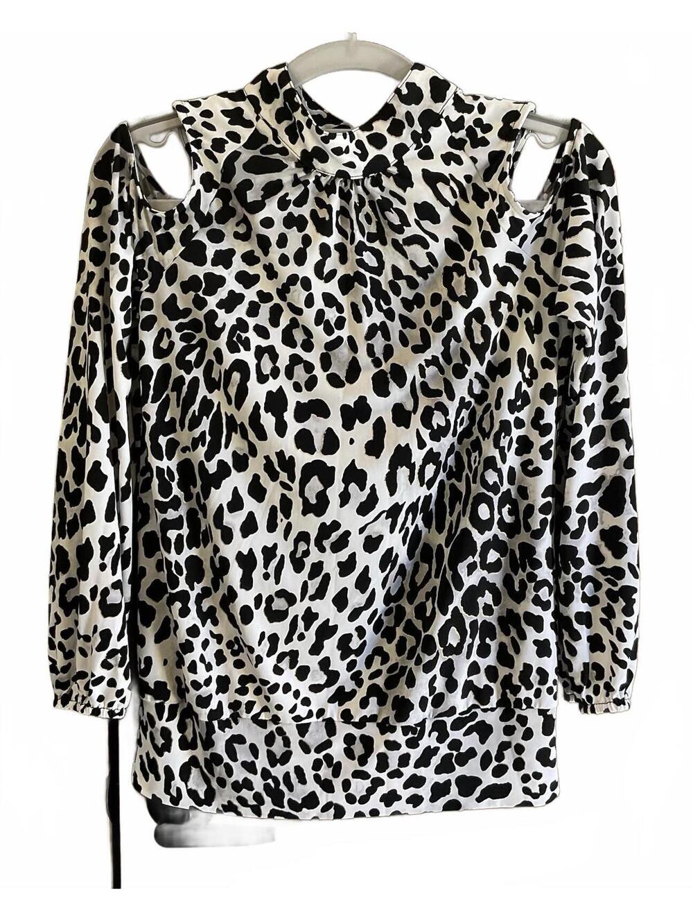 Cache Womens Long Sleeve Cold Shoulder Button Neck  Animal Print Blouse Size S